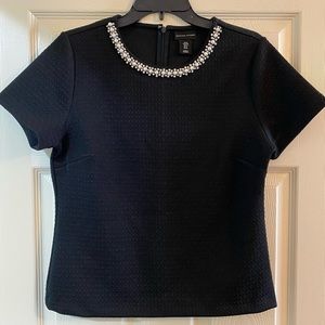 Adrienne Vittadini Black Smock top with Jeweled Neckline